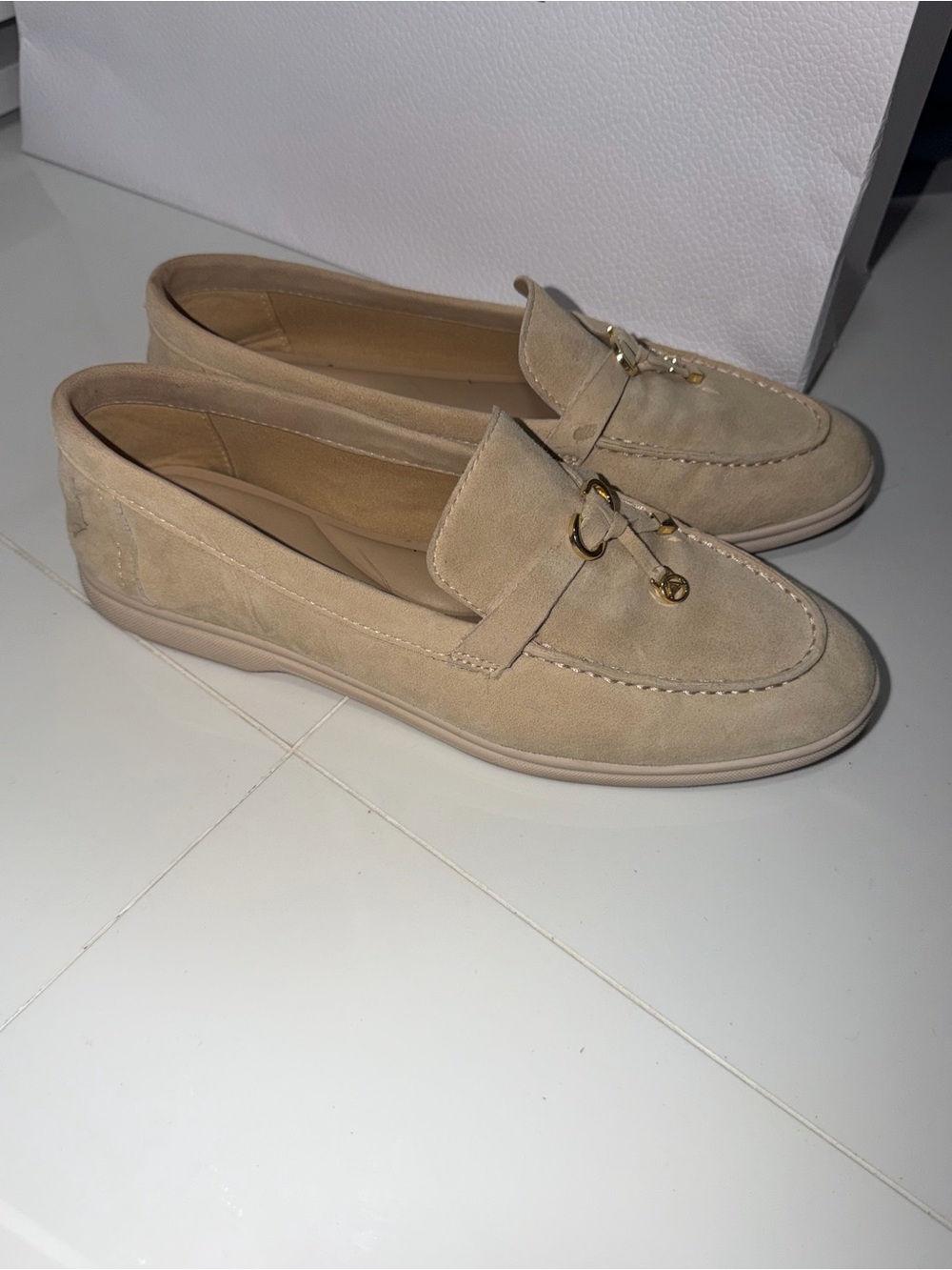 Aldo Beige Suede Loafers with Gold Hardware